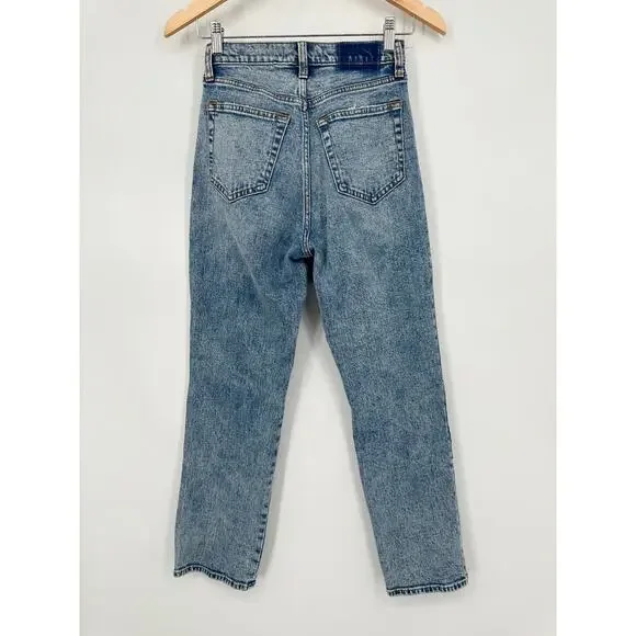 Abercrombie & Fitch The Ankle Straight Leg Jeans Ultra High Rise Patch, Blue